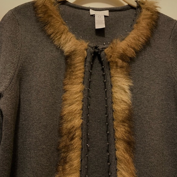 Chico’s Faux Fur Trimmed Grey Cardigan with Small Crystal Beaded Edge - Picture 2 of 6